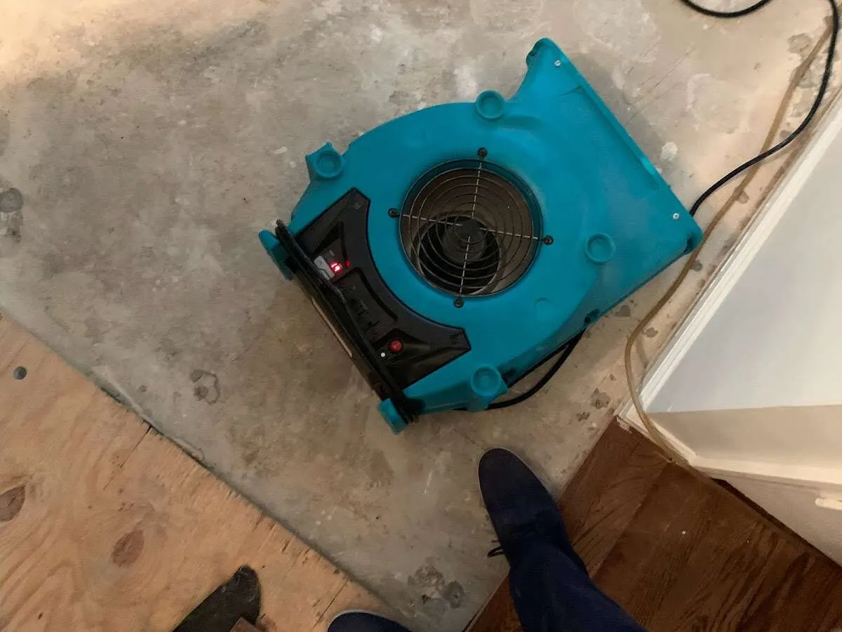 Air mover drying subfloor during Commercial Water Damage Restoration in Holmdel